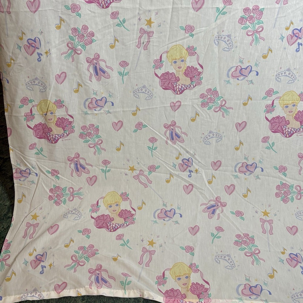 Barbie Twin Size Flat Sheet Skirt Curtain Panels Pillowcase VTG 1995 - Picture 6 of 16
